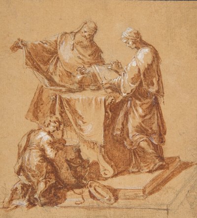 Een hogepriester, de profetes Anna en een knielende jongen rond een tafel door Anton Kern