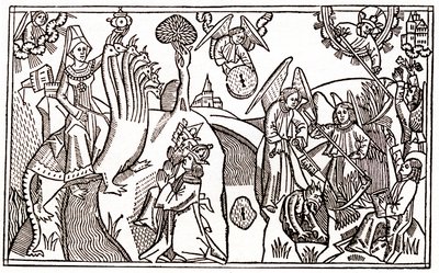 De grote hoer van Babylon rijdend op het zevenkoppige beest en de engelen die tarwe snijden terwijl ze de duivel gevangen houden door Anton Koberger