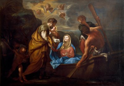 De vlucht naar Egypte De heilige familie gaat aan boord van een boot door Anton Maria Piola