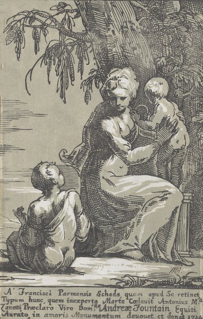 Een Vrouw Staand aan de Voet van een Boom met een Baby, met een Zittende Jongen door Anton Maria Zanetti