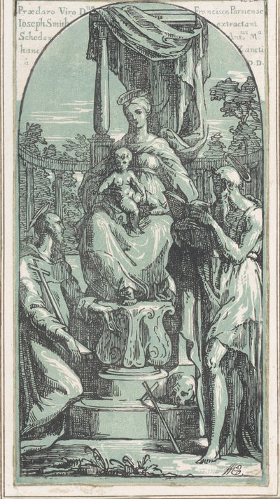 De Maagd en Kind op de Troon, Sint Hiëronymus rechtsonder, Sint Franciscus... door Anton Maria Zanetti