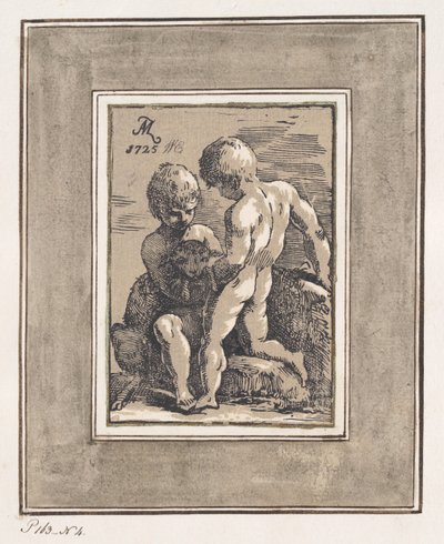 Twee kinderen spelen met een lam, 1725 door Anton Maria Zanetti