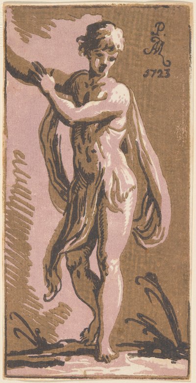 Een staande jongeman die naar rechts wijst door Anton Maria Zanetti I, after Parmigianino