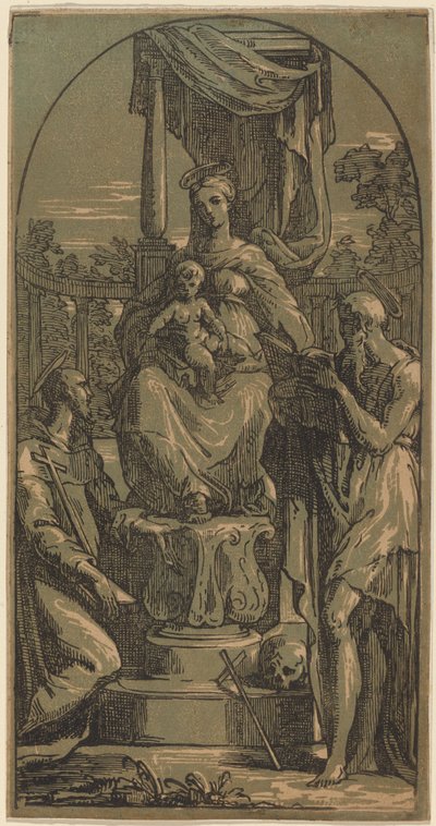 Madonna en kind op de troon, Sint Hiëronymus en Sint Franciscus door Anton Maria Zanetti I, after Parmigianino