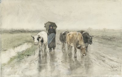 Een boerin met koeien op een landweg in de regen door Anton Mauve