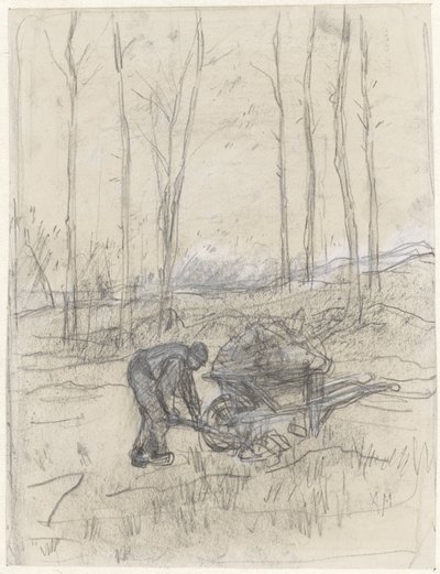 Boer aan het werk met een kruiwagen in het bos door Anton Mauve