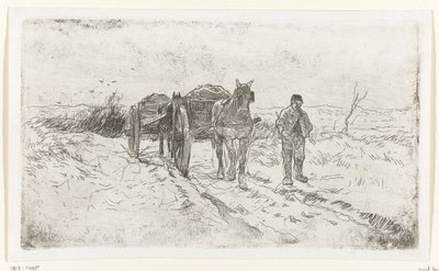 Boer naast twee door paarden getrokken karren door Anton Mauve