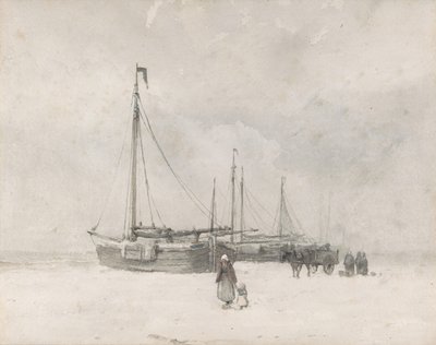 Vissersboten op het strand in de winter, midden tot laat 19e eeuw door Anton Mauve