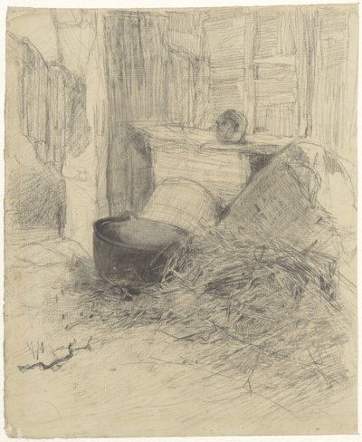 Interieur van een schuur met stro en diverse voorwerpen door Anton Mauve