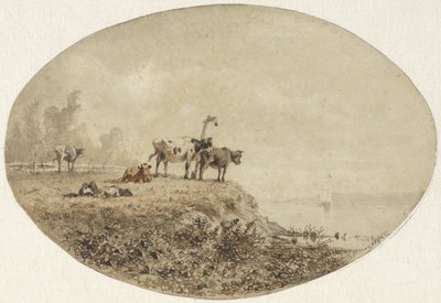 Koeien bij het water, in de verte een zeilschip door Anton Mauve