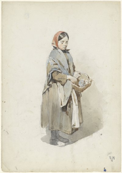 Staande vrouw met hoofddoek en mand door Anton Mauve