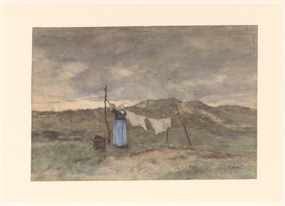 Vrouw bij een waslijn in de duinen door Anton Mauve
