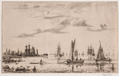 Schepen en boten in rustig weer aan de kust door Anton Melbye