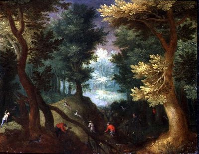 Boslandschap met een Hertenjacht door Anton Mirou