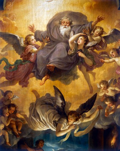 Aanbidding van de herders met God de Vader in een glorie van engelen door Anton Raphael Mengs