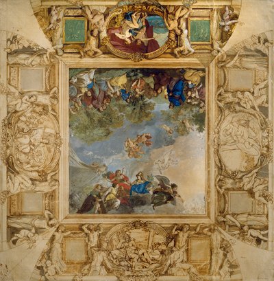 Apollo en Athena belonen talenten en Minerva geflankeerd door kariatiden en medaillons met Mars, Venus, Hercules en Cybele door Anton Raphael Mengs