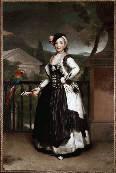 Portret van de markiezin de Llano, Isabel Parreno, in kostuum uit de regio Mancha voor een feest aan het hof van Wenen door Anton Raphael Mengs