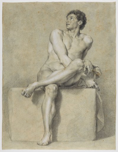 Zittend mannelijk naakt, frontaal, met het linkerbeen over het rechterbeen gelegd, opkijkend door Anton Raphael Mengs