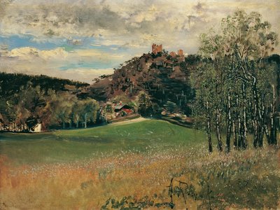 De Meiereiwiese in de Vorderbrühl met de ruïne Mödling door Anton Romako