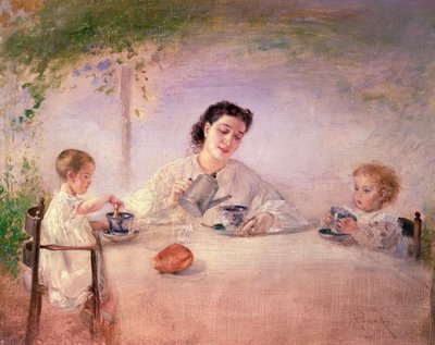 De vrouw van de kunstenaar Sophie met hun dochters Mathilda en Adele, 1873 door Anton Romako