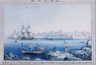 Malta: Uitzicht op La Valletta vanaf Fort Tigne, ingang van Marsamuscetto door Anton the Younger (circle) Schranz