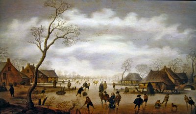 Een winters tafereel met schaatsers door Antoni  Verstralen