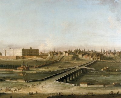 Uitzicht op de stad Madrid met het Koninklijk Paleis ca. 1750 vanaf de rechteroever van de Manzanares-rivier (detail) door Antonia de dipi Joli