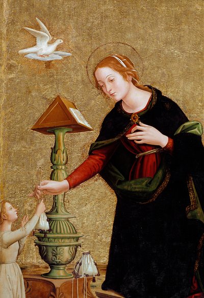 Detail van de Maagd, uit Annunciatie met kardinaal Juan de Torquemada door Antoniazzo Romano