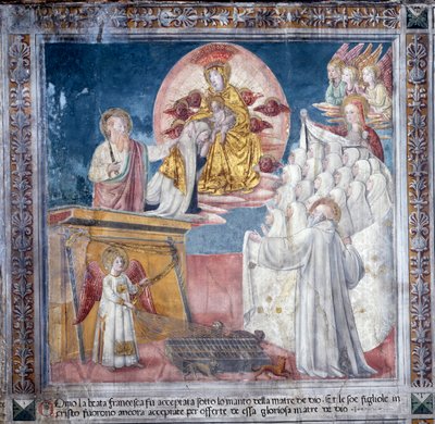 Leven van St. Francesca Romana: 1 maart 1433, Francesca wordt in een visioen door de Moeder Gods onder haar mantel genomen door Antoniazzo Romano