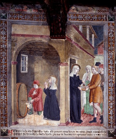 Het leven van St. Francesca Romana: Een vat wijn dat door de heilige voor de armen werd gebruikt, wordt wonderbaarlijk vol gevonden door Antoniazzo Romano