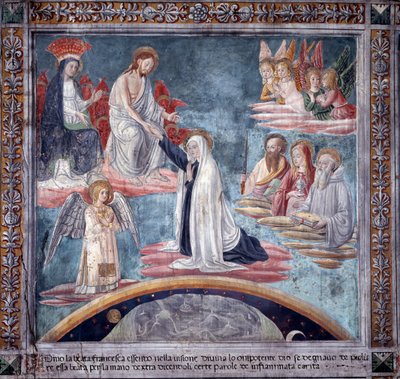 Leven van Sint Francesca Romana: Tijdens een extase neemt de Goddelijke Verlosser Francesca bij de rechterhand door Antoniazzo Romano