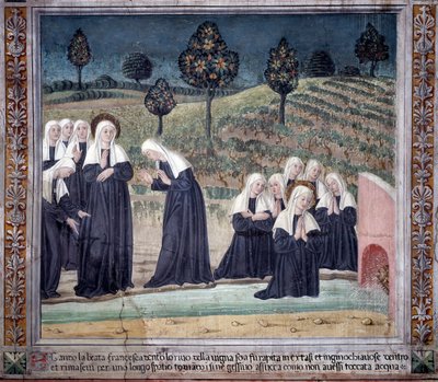 Leven van Sint Francesca Romana: Bij haar terugkeer van de Sint-Paulusbasiliek werd de heilige in extase gebracht, in een stroom maar stond perfect droog op door Antoniazzo Romano