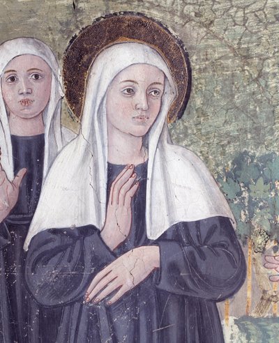 Leven van Sint Francesca Romana: Bij haar terugkeer van de Sint-Paulusbasiliek werd de heilige in extase gebracht, in een stroom maar stond perfect droog (detail) door Antoniazzo Romano