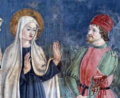 Leven van Sint Francesca Romana: Bij haar terugkeer van Sint Jan Lateranen geneest de heilige een man met een afgesneden arm (detail) door Antoniazzo Romano