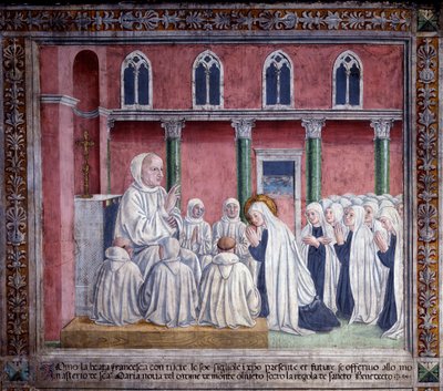 Het leven van St. Francesca Romana: De heilige en de oblaten bieden zich aan bij de benedictijner orde en vestigen zich in de kerk van Santa Maria Nova, Rome door Antoniazzo Romano