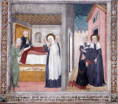 Leven van St. Francesca Romana: De heilige geneest een man die zijn been heeft verloren door Antoniazzo Romano