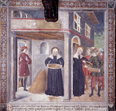 Leven van St. Francesca Romana: tijdens een ernstige hongersnood in 1402 geeft Francesca al haar graan aan de armen door Antoniazzo Romano