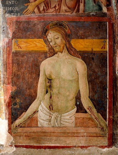 Pieta De aureool van Jezus Christus is gemarkeerd met een kruis. Detail van een fresco door Antonio Aquili detto Antoniazzo Romano (actief rond 1461-1508) 15e eeuw Klooster van Sint Benoit (Sacro Speco), Subiaco (Rome), Italië door Antoniazzo Romano
