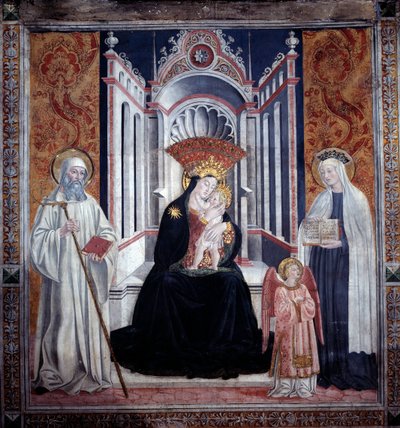 Maagd tussen Sint Benedictus en Sint Francesca Romana door Antoniazzo Romano