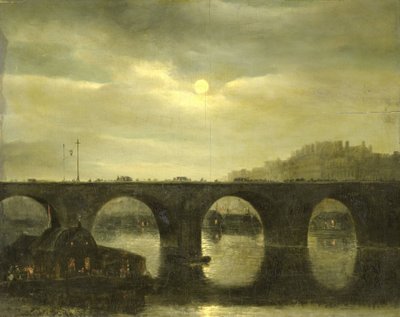Een van de bruggen over de Seine, Parijs, bij maanlicht door Antonie Waldorp