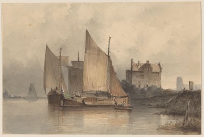 Riviergezicht met een zeilschip door Antonie Waldorp