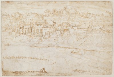Uitzicht op de Janiculum Heuvel Gezien vanaf de Tiber (recto) door Antonie van den Wyngaerde