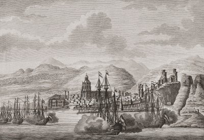 Nederlandse vloot bij Malaga, Spanje 1784 die saluut afvuurt. (prent) door Antonio (after) Suntach