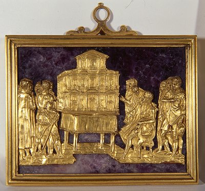 Bernardo Buontalenti (1531-1608) presenteert een model van de gevel van de kathedraal van Santa Maria del Fiore, ca. 1587 (goud op edelsteen) door Antonio (fl.1578 1624) Giambologna (1529 1608) and Susini