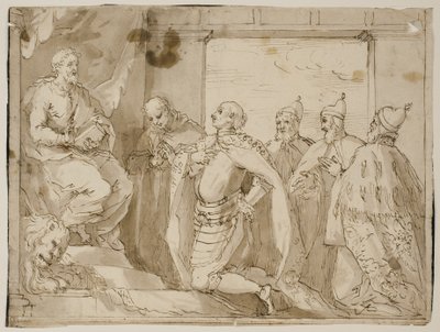 Een geklede krijger, een man in een mantel en drie doges knielend voor de tronende St. Marcus door Antonio Aliense