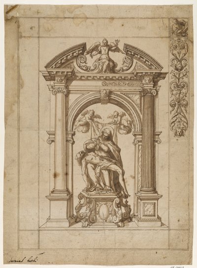 Ontwerp voor een processievlag met een Pietà onder een uitgebreide altaararchitectuur in de vorm van een triomfboog en een deel van het randontwerp rechtsboven door Antonio Aliense
