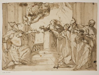 Vier doges en een man in een mantel met de dogehoed in zijn handen, met de Annunciatie(?) op de achtergrond door Antonio Aliense