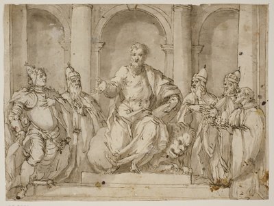 Sint Marcus op de troon omringd door vier doges en een man met een dogekap in zijn handen door Antonio Aliense