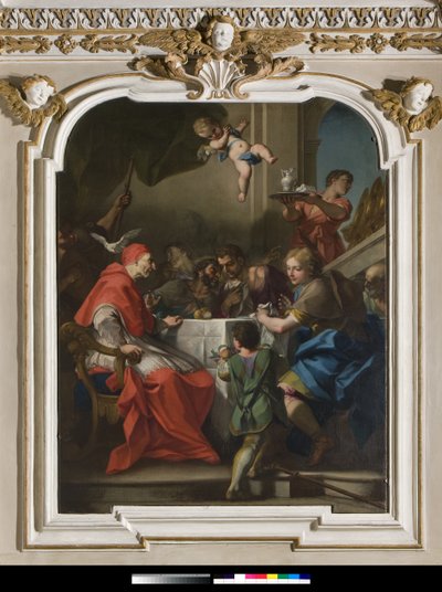 Sint Gregorius de Grote aan tafel met Jezus vermomd als pelgrim, naast de paus de duif van de Heilige Geest door Antonio Balestra