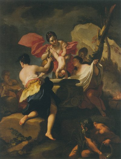 Thetis dompelt de baby Achilles in water uit de Styx door Antonio Balestra